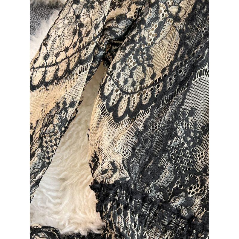 Long Sleeves Stand Collar A- line Dress Elegance Wide Hem Lace