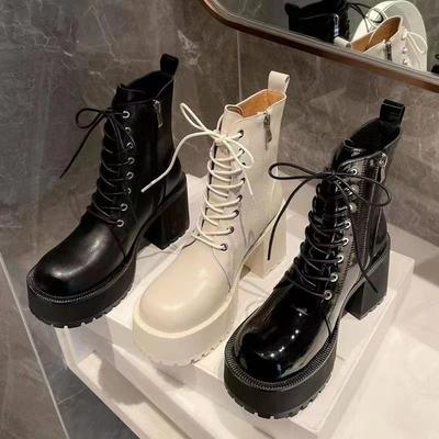 Ботинки Мартин в британском стиле женские весенне-осенние одинарные ботинки 2025 новые с круглым носком на шнуровке на толстой подошве на толстом каблуке увеличивающие рост короткие ботинки ins тренд