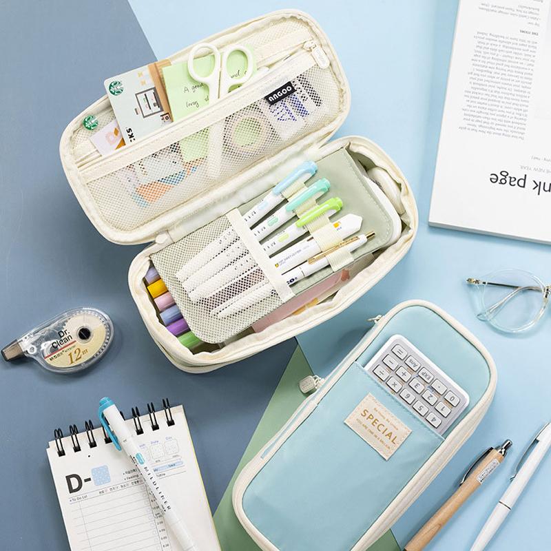 Kawaii Green Pencil Cases Big Capacity Cute Pouch Holder Canvas Bag Washable School Supplies Korean Cancelware