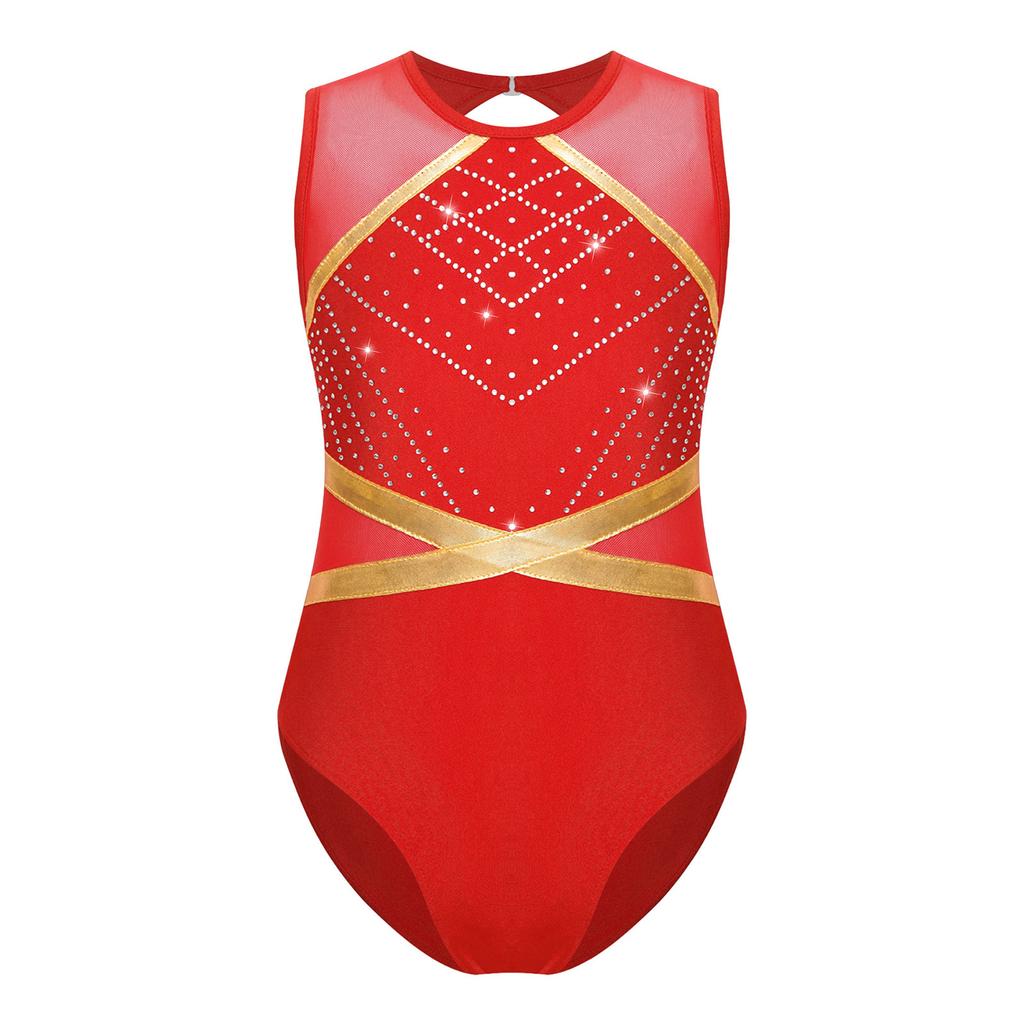 Блестящий купальник для девочек, украшенный стразами, с вырезом на спине в виде замочной скважины, боди без рукавов для фигурного катания