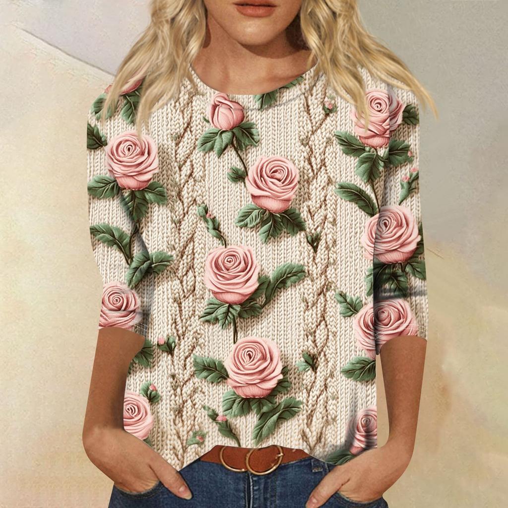 Women's Fashion Loose Casual Seven Sleeve Printed Round Neck Top