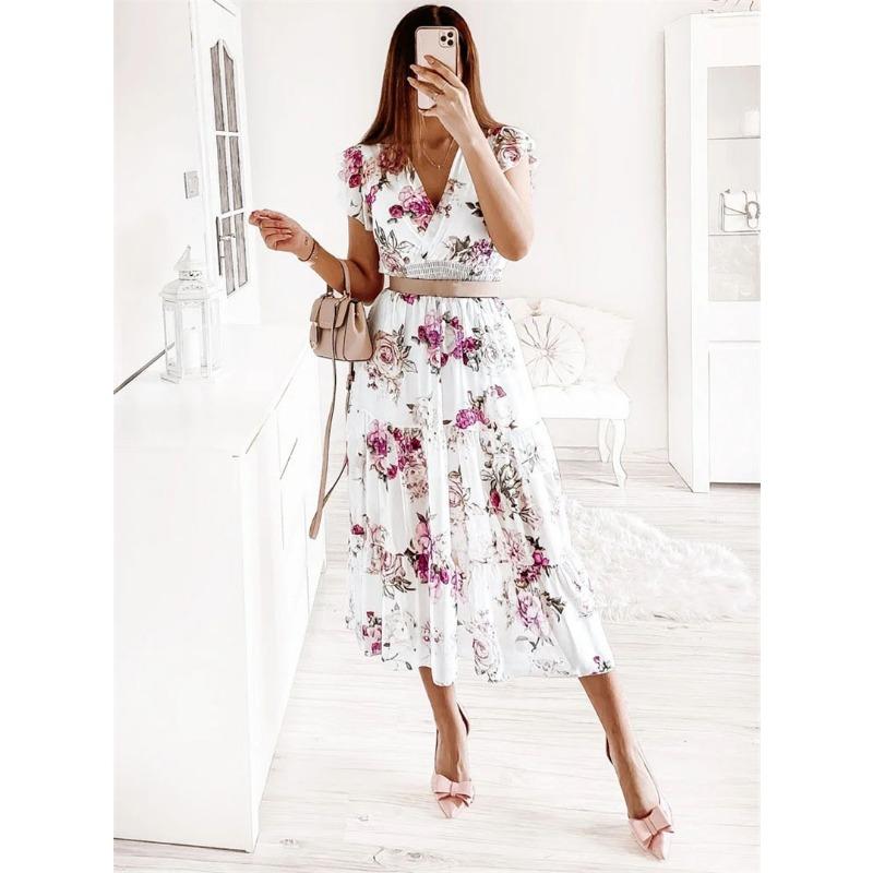 Лето 2024, женское платье с короткими рукавами и v-образным вырезом с принтом и оборками, не подходящее для пояса