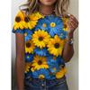 Women Floral Print T-Shirt - Bright Yellow & Blue Daisy Round Neck Short Sleeve All-Season Casual Top Ladies T Shirts