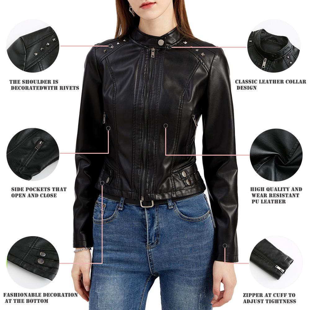 Women Faux Leather Jacket Cropped Zip Up Motorcycle Short PU Moto Biker Outwear Fitted Slim Coat with Pockets Stylish Rivets Punk Rock Fashion Blazer