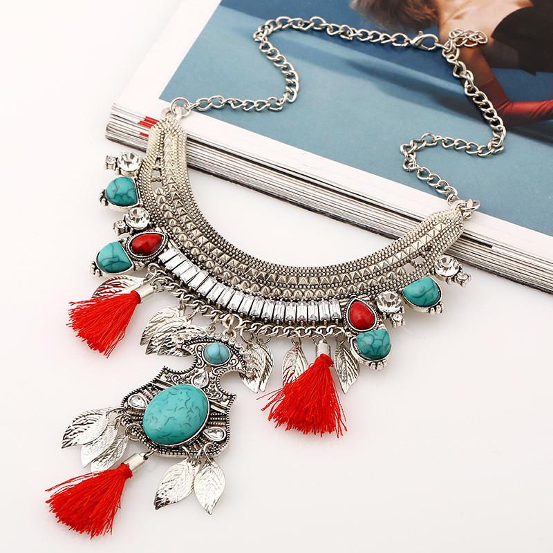 Ethnic Style Simulation Gemstone Decoration Women Necklace With Tassel Design For Art Lovers