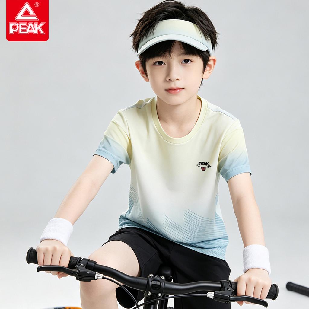 [Fashionable and Breathable] Peak Children's Outdoor Sports Gradient Printed Short Sleeve Youth Daily Versatile Comfortable Top