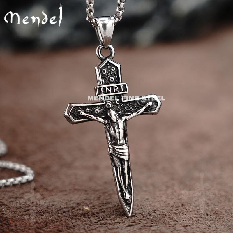 Mens Stainless Catholic Jesus Christ Face Crucifix Cross Pendant Necklace