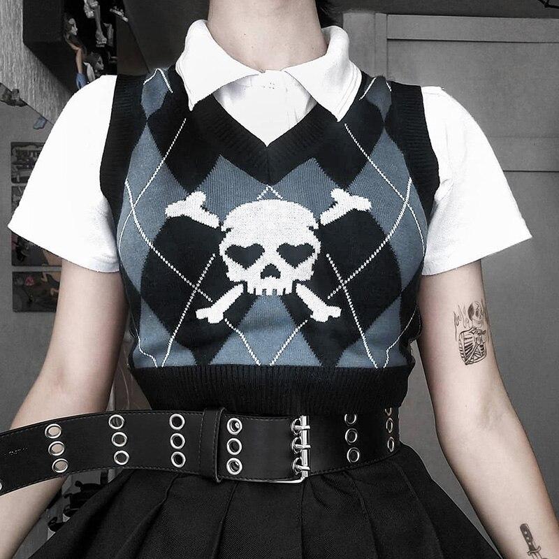 Gothic Skull Print Trui Vest Harajuku Punk Sexy V-hals Mouwloze Copped Tops Grunge Autume Winter Vrouwen Gebreide Tops