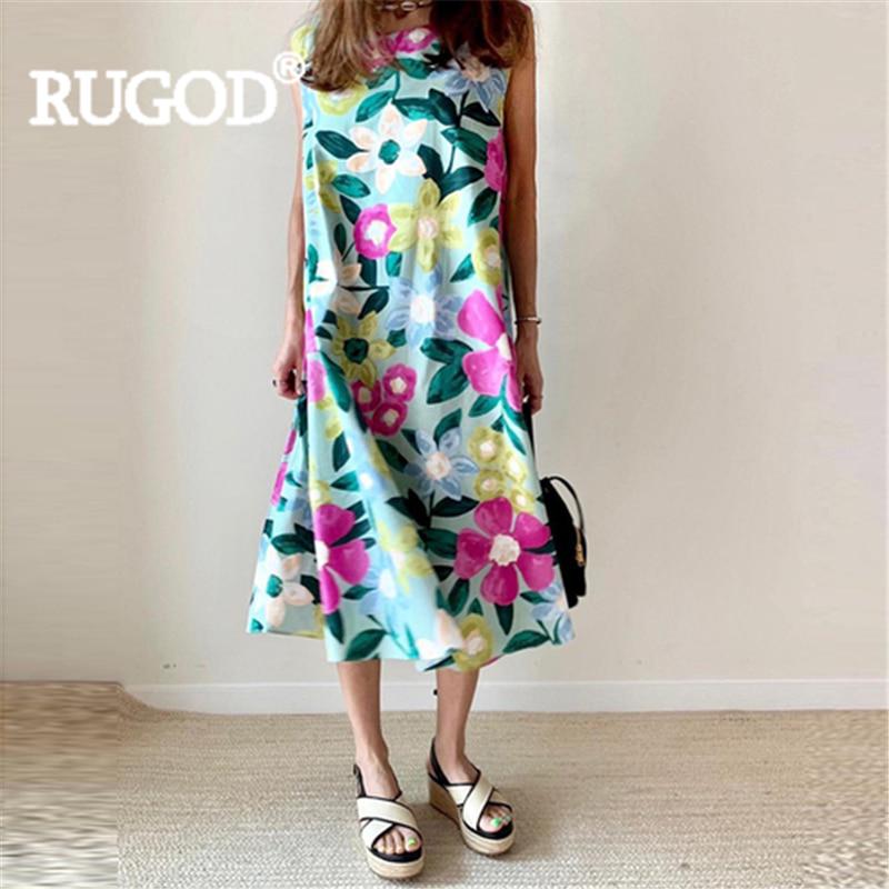 Женское платье свободного покроя с цветочным принтом, без рукавов, с круглым вырезом, длиной до середины голени, повседневное длинное платье больших размеров, новое модное женственное платье для женщин