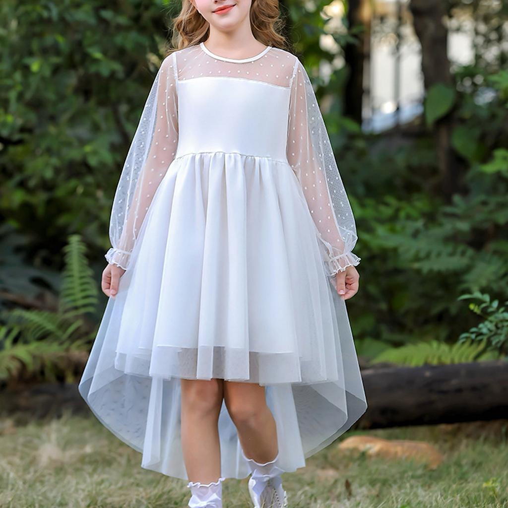 Платья для девочек, контрастная сетка, длинный рукав, закрученный, высокий, низкий, вечернее платье для дня рождения