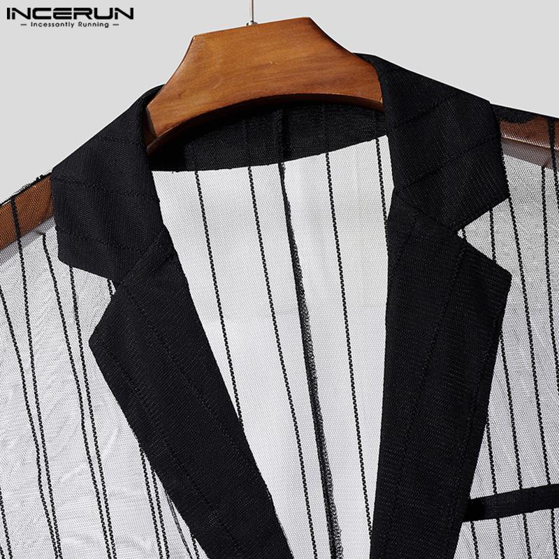 INCERUN Men Lapel Neck Sleeveless See Through Mesh Transparent Striped Blazer Tops