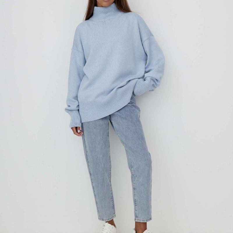 Женский свитер с высоким воротником, базовый мягкий красный вязаный топ с длинными рукавами, пуловер, классический однотонный винтажный зимний зимний свитер со стоячим воротником для женщин