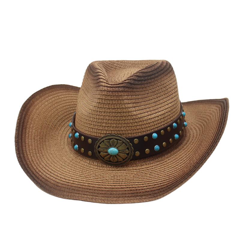 New turquoise totem hollow straw hat women's summer outdoor tourism shading mountaineering western cowboy straw hat men