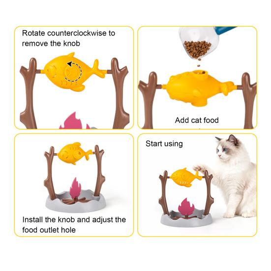 Вращающаяся рыба Диспенсер лакомств для кошек Интерактивная игрушка для кошек «Рыба на гриле у костра» Веселая медленная кормушка Обогащающая игрушка для домашних кошек Игра Тренировка