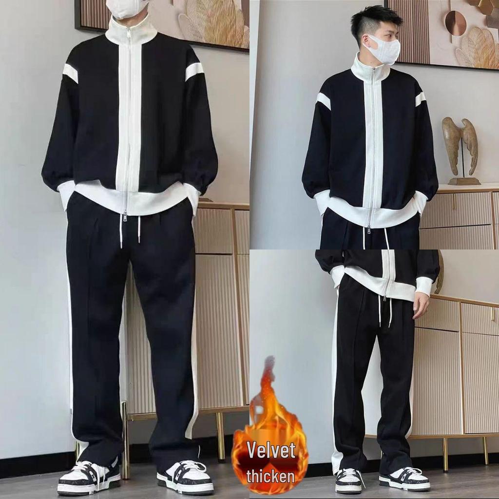 Мужской спортивный костюм большого размера с флисовой подкладкой - Свободный крой, Повседневная, Универсальная верхняя одежда для осени и зимы