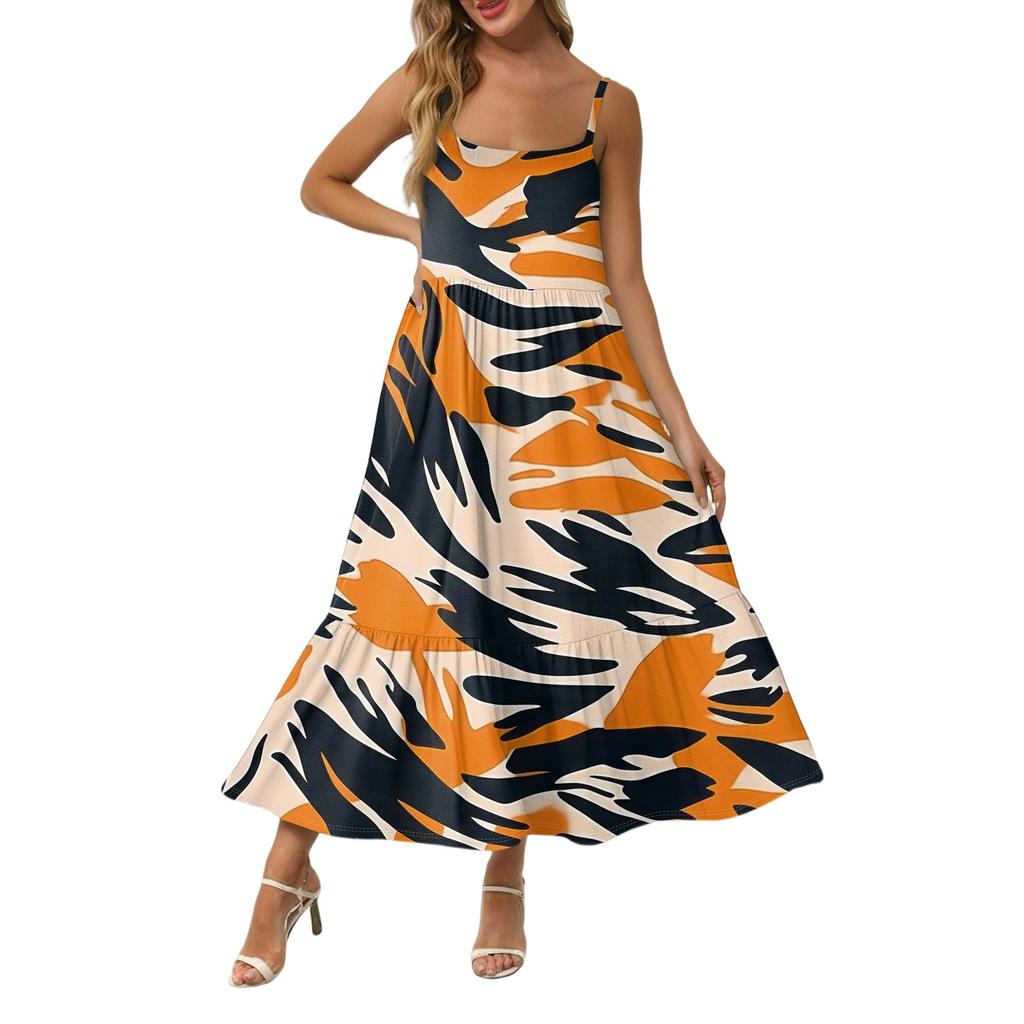Women's Long Beach Casual Elegant Spaghetti Strap Maxi Dress Stitching Low-key Flowing Bohemian Dress