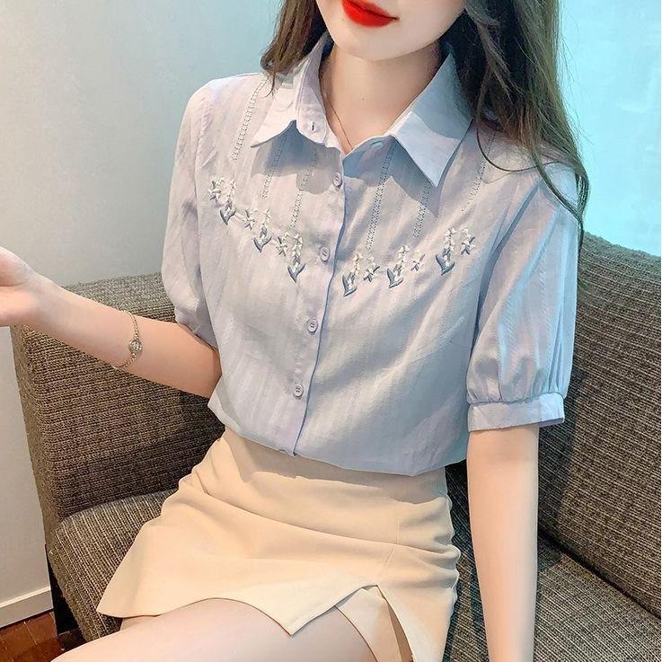 Женская модная рубашка из чистого хлопка с вышивкой, с коротким рукавом - Лето 2024