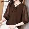 Elegant Fashion Solid Patchwork Drawstring Chiffon Shirt Autumn V-Neck Half Sleeve Loose Pullovers Blouse Women's Clothing
