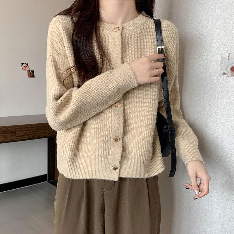 Корейский вязаный кардиган с круглым вырезом для женщин, осень и зима, новый дизайн, ощущение свежести и сладости, свитер с длинными рукавами, женское верхнее пальто