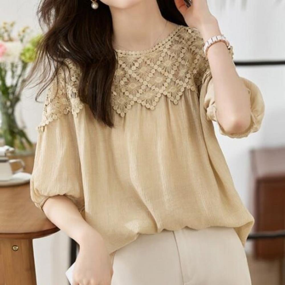 Navava Women Vintage Lace Puff Short Sleeve Blouse Nb2577