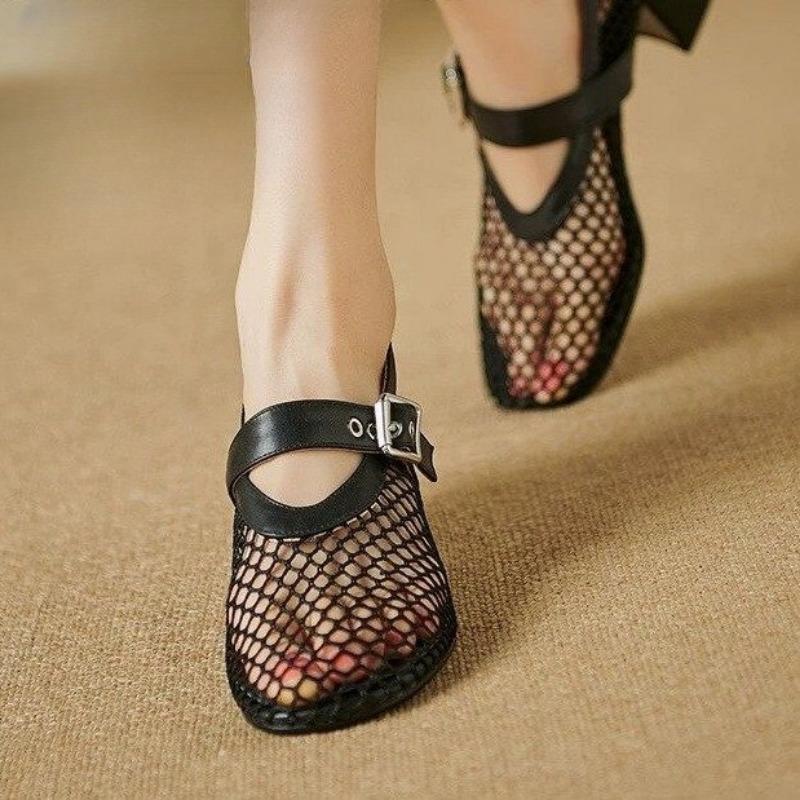 Летние женские туфли-лодочки Mary Jane Single Shoe с круглым носком и ажурной сеткой на высоком каблуке