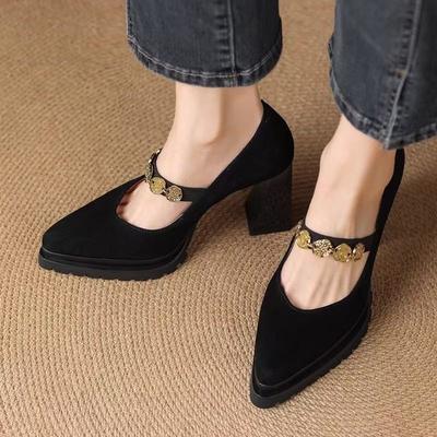 Мода Винтаж Туфли-лодочки с острым носком Женские Платформа Мелкий вырез Блочный каблук Мэри Джейн Одинарные
