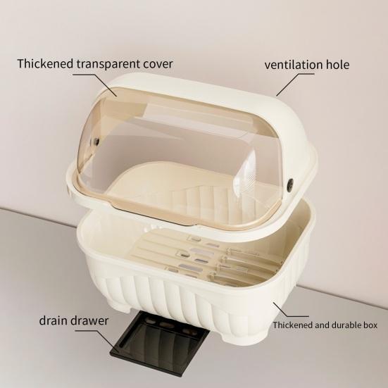 Countertop Utensil Caddy Dish Storage Box Efficient Draining Design Large Capacity Tableware Storage Container with Dustproof Lid