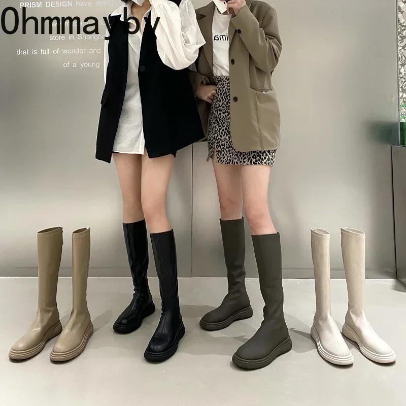 Fashion 2024 Women Long Boots Thick Sole Ladies Zipper Knight Flats Heel Boots Fashion Knee-high Boots Keep Warm Plush Winter Shoes