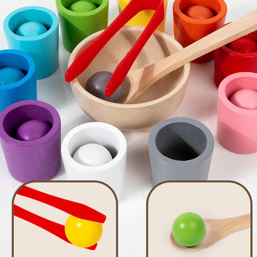 Montessori Color Sorting Play with Spoon & Tongs Colorful Cups and Balls Sorting Toy Wooden Sorting Stacking Toys for Toddlers