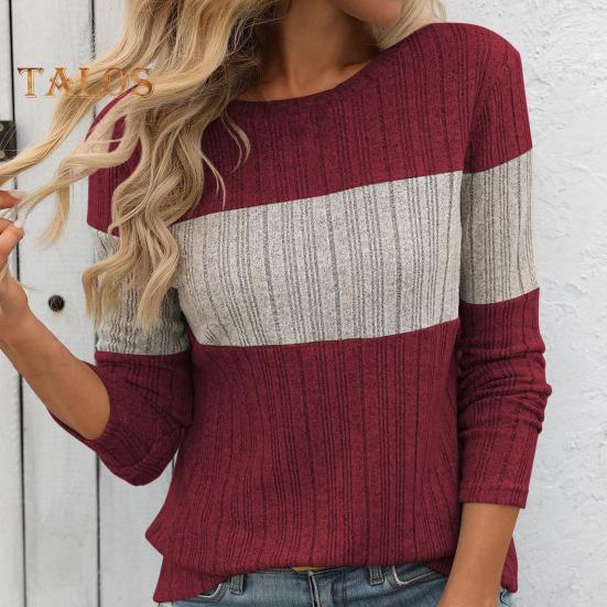 Женские топы с круглым вырезом и длинным рукавом, цветные ребристые трикотажные топы свободного кроя, повседневные свитера, повседневная одежда