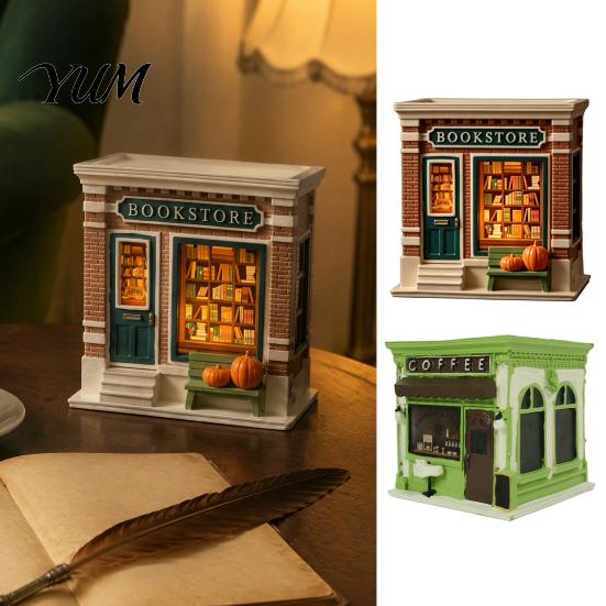 Detailed Miniature Decor Retro Bookstore Candle Holder, Resin Coffee House Stand, or Book Style Ornament Lovers Gift, Tabletop for Home Table