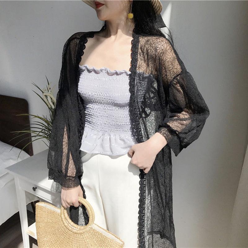 Женская шифоновая накидка большого размера, летний кардиган с длинными рукавами, модная ретро-полая солнцезащитная рубашка, тонкая куртка средней длины, кружевные топы