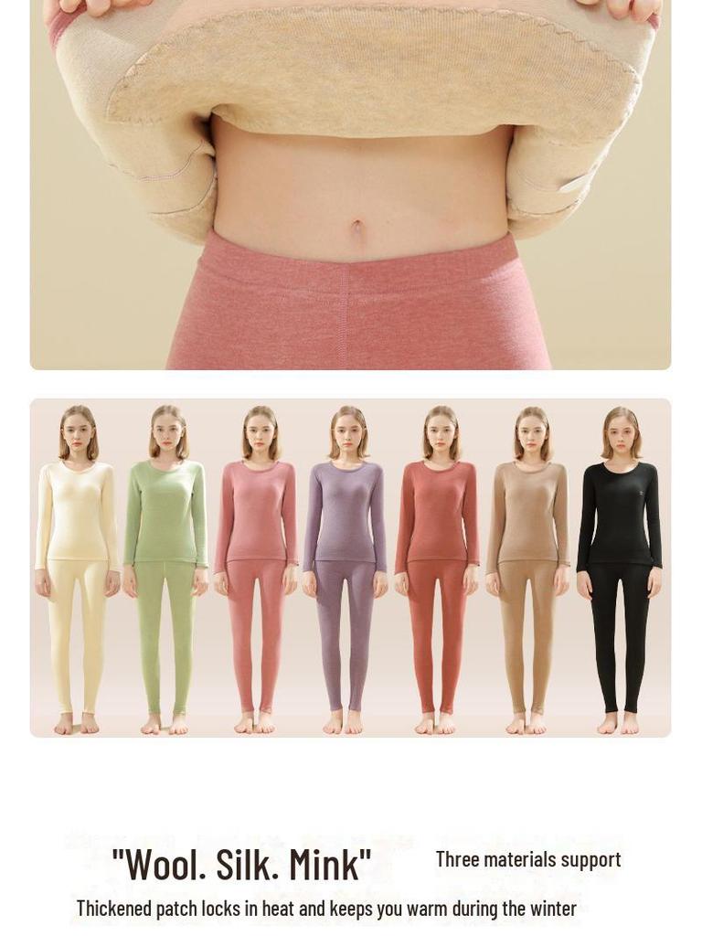Men's and Women's Wool Silk Thermal Underwear Set with Mink Velvet Knee Pads - Warm Autumn Bottoming Shirt and Trousers