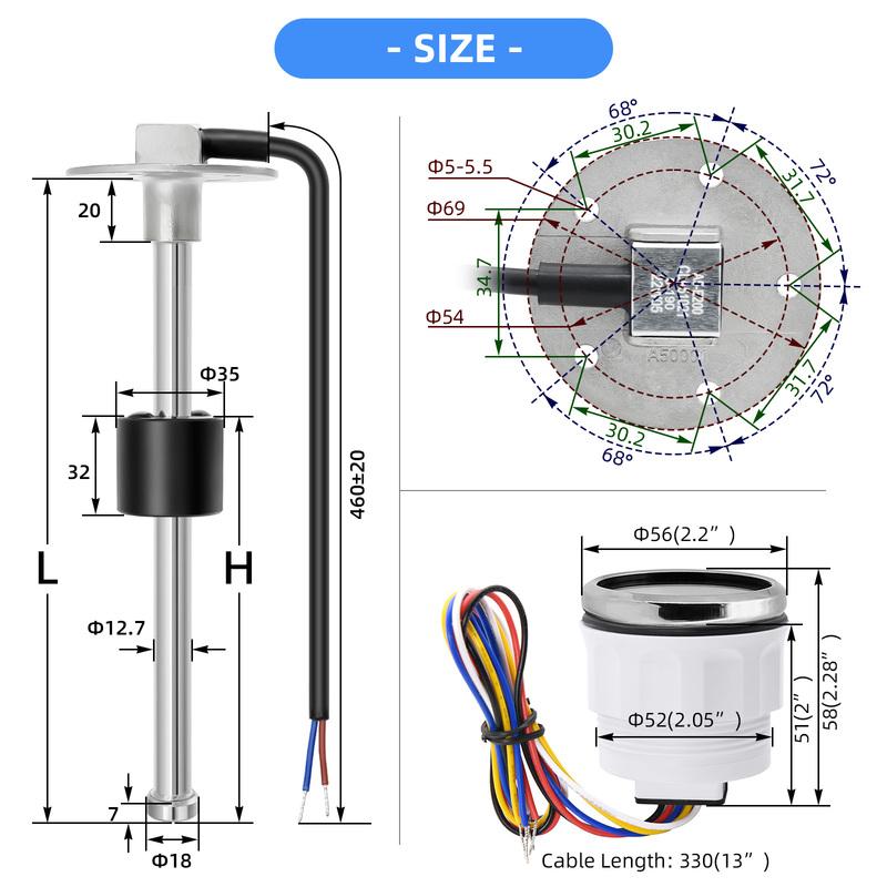 240-33 Ohm Fuel Level Gauge Fuel Level Sensor 52mm Fuel Level Meter With Red Backlight Oil Indicator Range 100-500mm Sensor