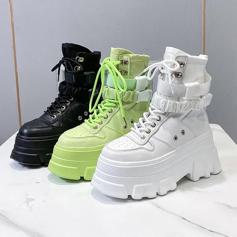 Rimocy Green Punk Толстые Мотоциклетные Ботинки Женские Осенние Зимние Готические Туфли Женские Толстые Ботинки На Шнуровке Ботинки Женские