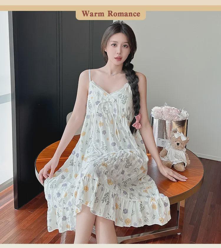 Летняя корейская ночная рубашка из тканого крепа с нагрудными подушечками - милая, тонкая, из чистого хлопка для женщин