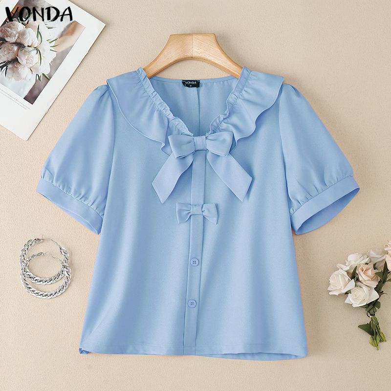 VONDA Женская блузка с лацканами, короткими рукавами, пуговицами, бантом, повседневная, укороченная