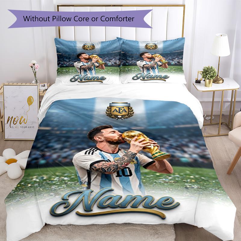 Messi Kisses World Cup Personalized Name Bedding Set,Light Bed Linen for Dorm Home Decoration,Perfect Festival Gift for Boys,Fade Resistant Duvet Cove