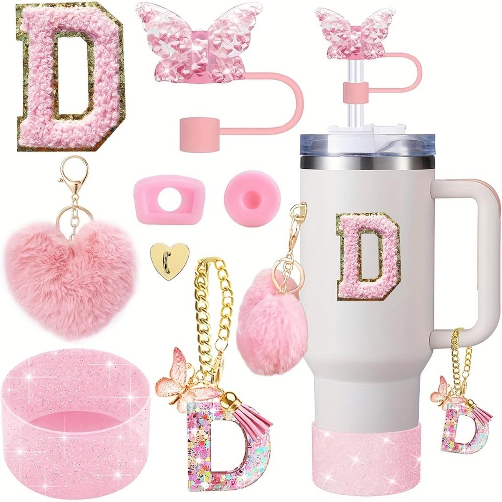 8pcs Cup Accessories for Cup 30oz 40oz Includes Butterfly Straw Cover Cap Silicone Boot Alphabet Handle Charm Initials Sticker