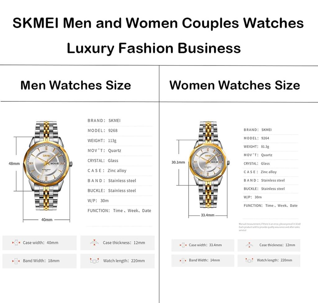 SKMEI Пара Парные часы Парные часы Набор парных часов Классические золотые серебряные часы из нержавеющей стали Водонепроницаемые деловые роскошные брендовые настоящие серебряные мужские часы