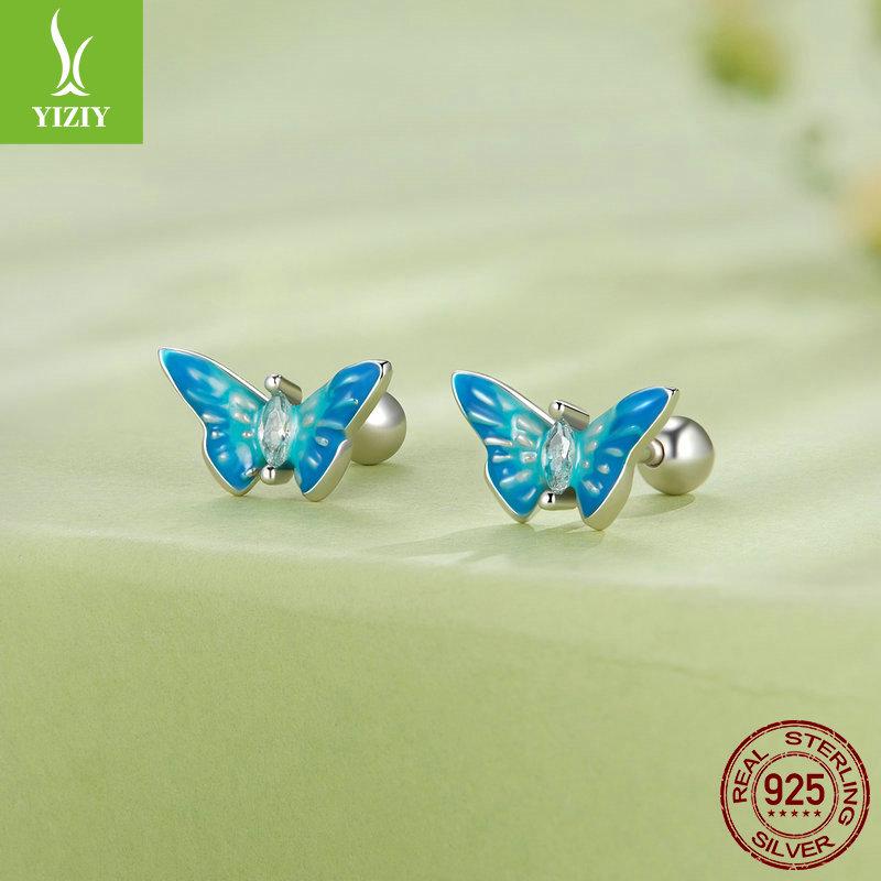 Bright Oil Drop Butterfly Earrings for Women - S925 Silver Threaded Ear Jewelry