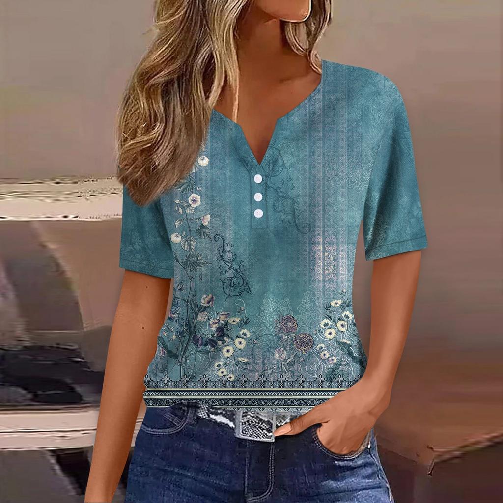 Women's T Shirt Tee Print Button Short Sleeve Daily Weekend Fashion Basic V- Neck Regular Top