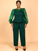 Зеленый брючный костюм большого размера с блестящими сетчатыми рукавами и 3D цветочным декором, идеально подходящий для церкви, официальных мероприятий и особых событий.
