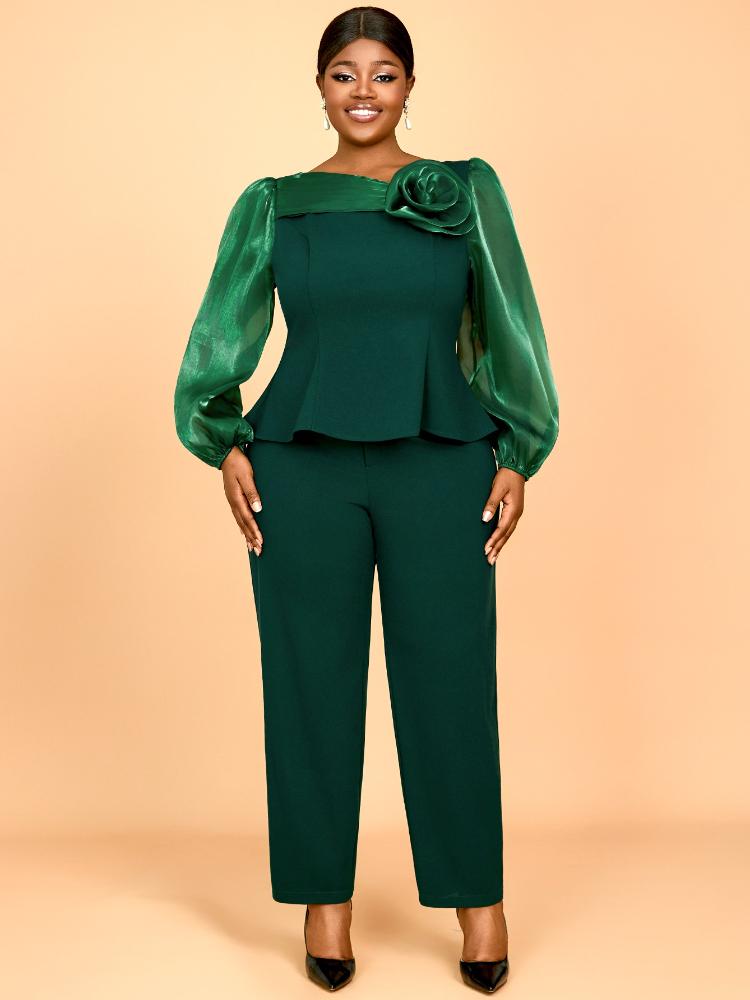 Зеленый брючный костюм большого размера с блестящими сетчатыми рукавами и 3D цветочным декором, идеально подходящий для церкви, официальных мероприятий и особых событий.