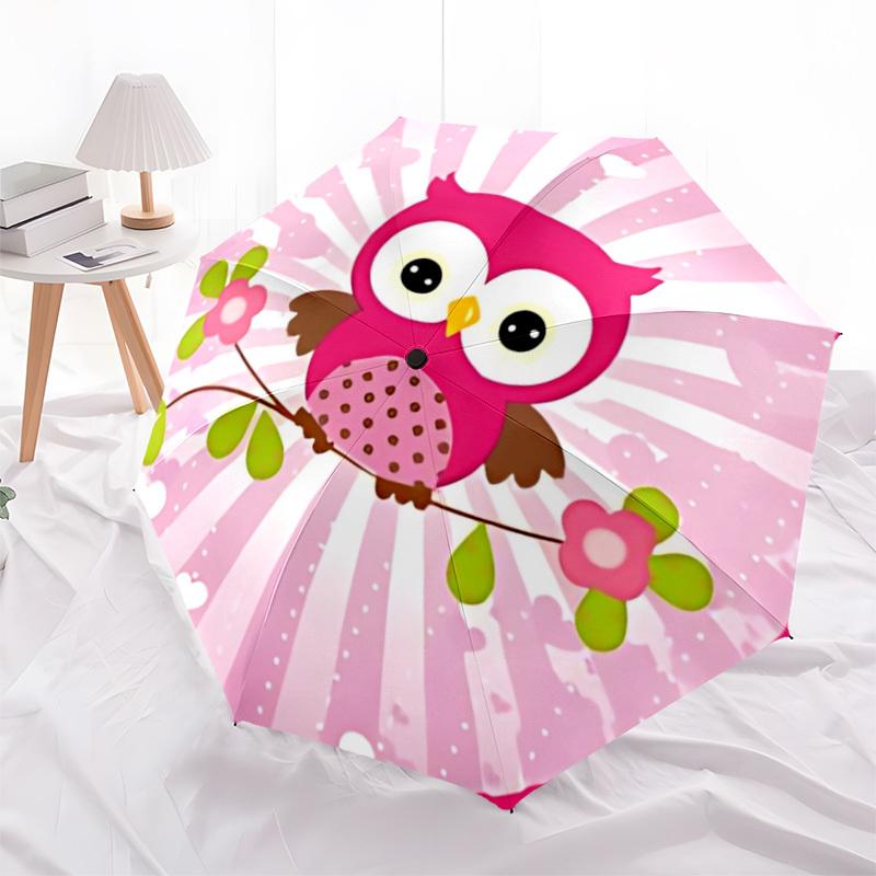 1pc Pink Owl Decor Fashionable Automatic Opening/Closing Folding Umbrella with 8 Iron Bones, Plastic Handle yy251015044