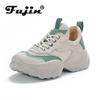 Fujin 5cm Breathable Women Summer Mixed Color Ankle Boots Flats Shoes Air Mesh Genuine Leather Chunky Sneaker Comfy Booties