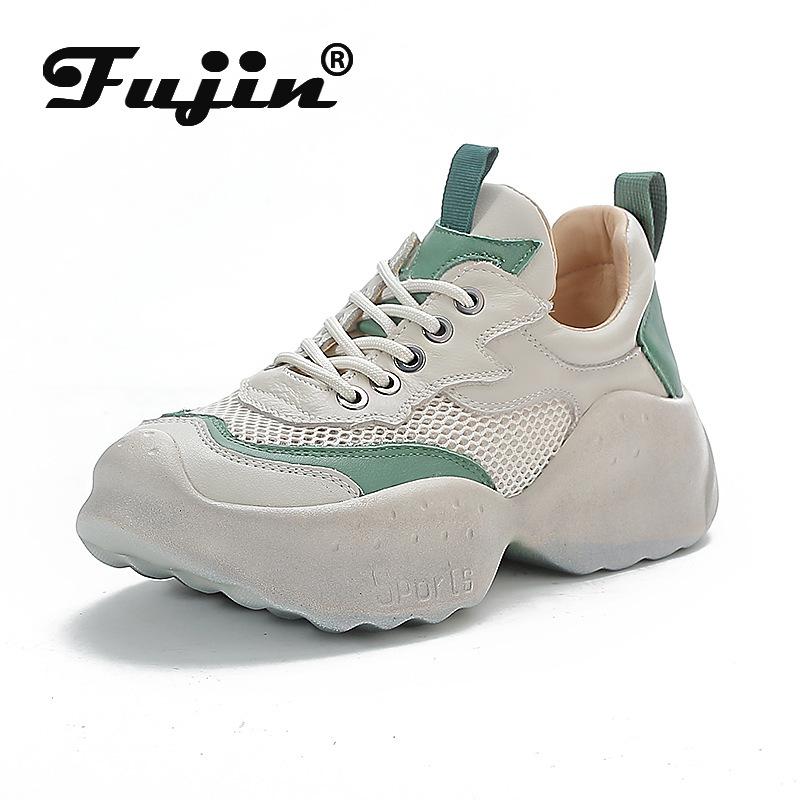 Fujin 5cm Breathable Women Summer Mixed Color Ankle Boots Flats Shoes Air Mesh Genuine Leather Chunky Sneaker Comfy Booties