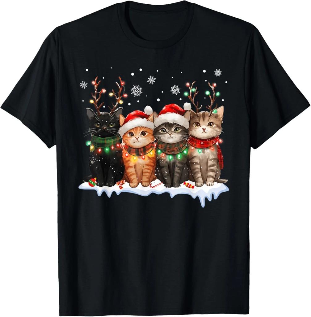 Cat Christmas Light Reindeer Santa Christmas Cat Lover T- Shirt