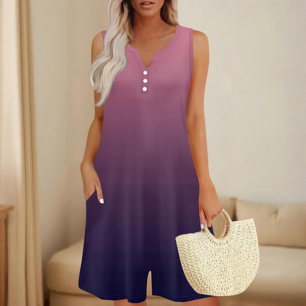 Women's Fashionable And Casual Sleeveless Button-pocket One-piece Shorts