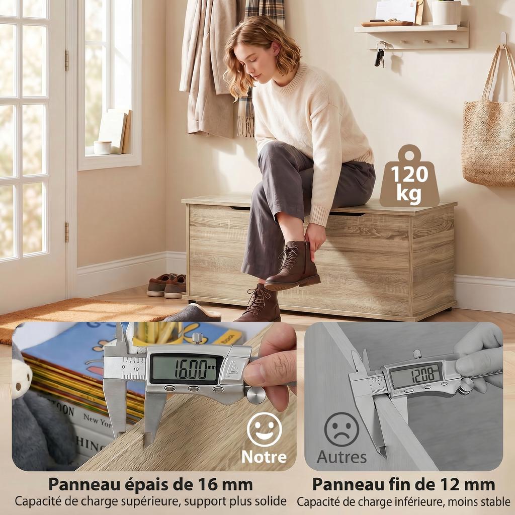 Storage chest, storage bench with hinged lid and safety hinges, 100 x 40 x 40 cm, natural